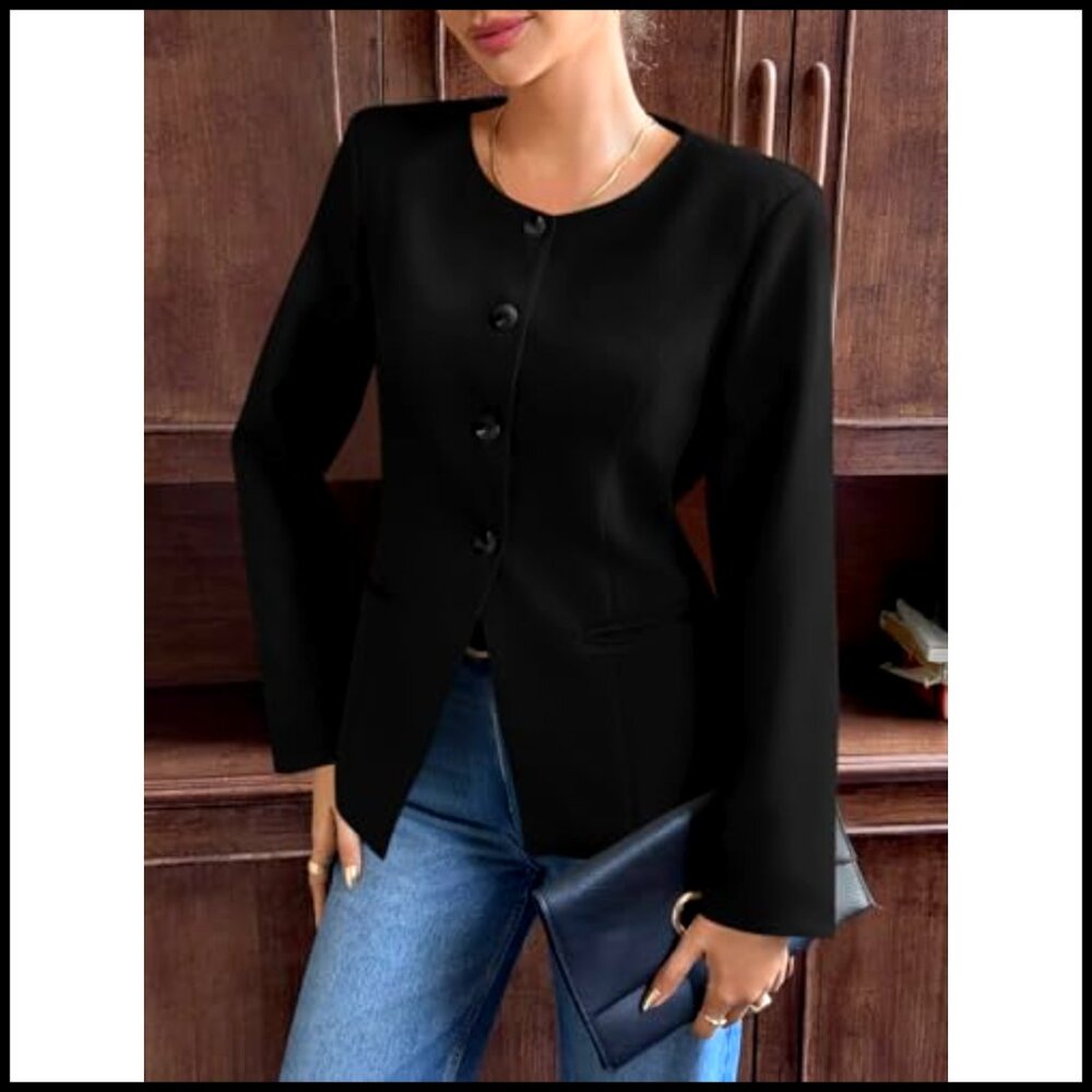Fitted Blazer Collarless Split Hem Work Office Bu… - image 3